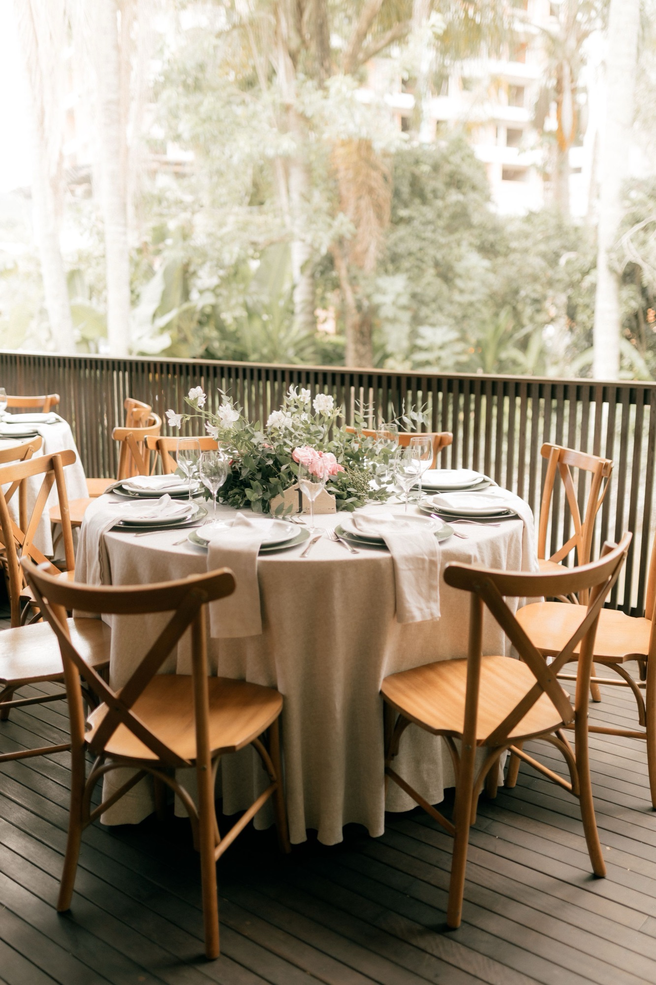 Dinner table set on a Southern porch