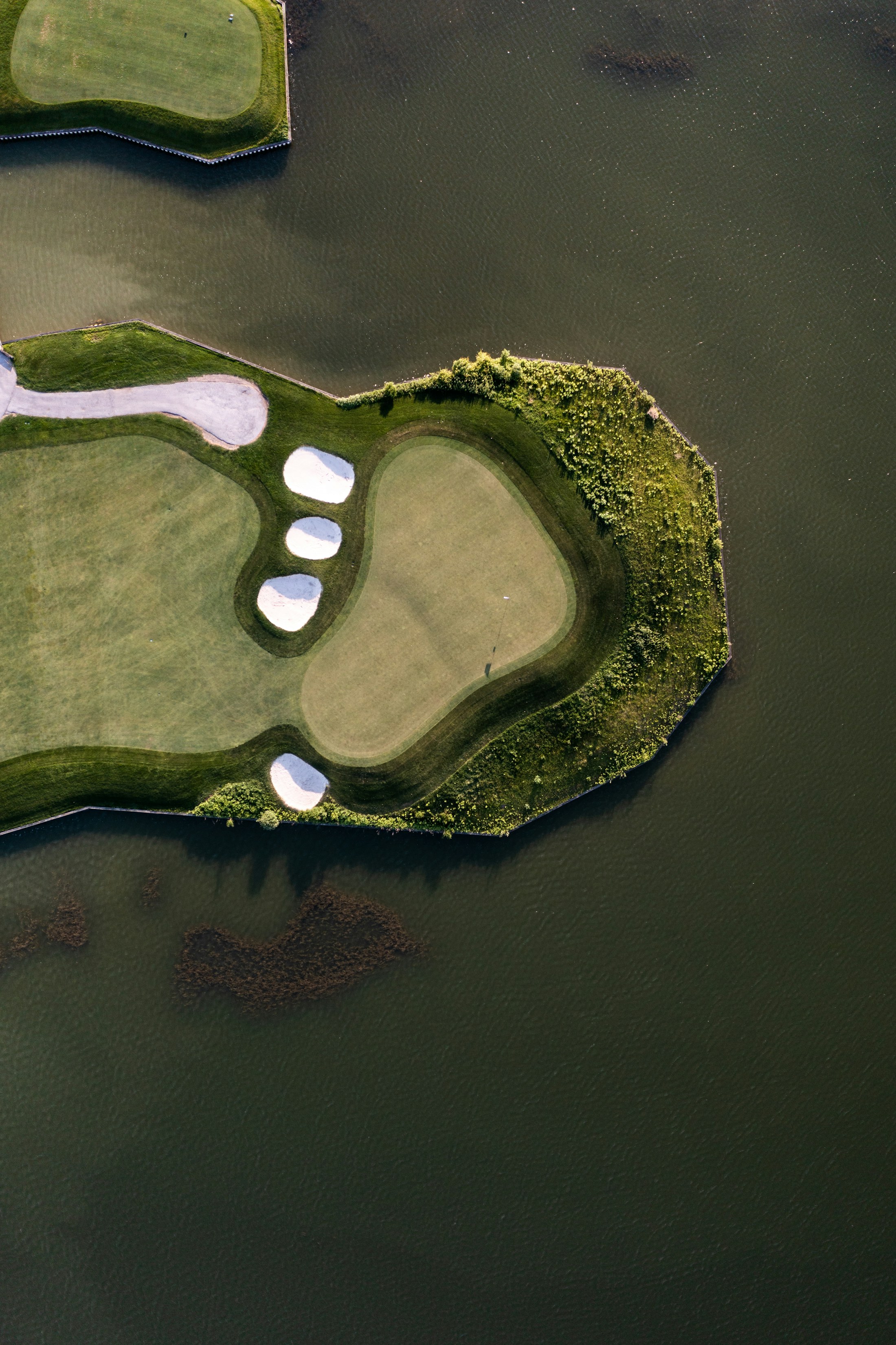 Aerial view of a green with white bunkers